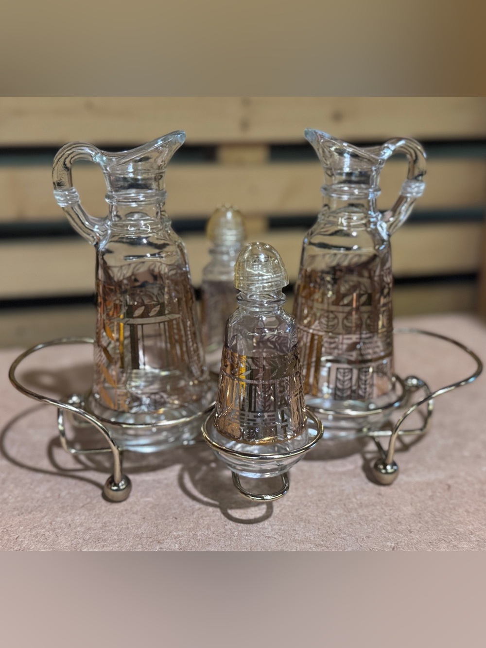 Anchor Hocking Vintage Cruet Set with Etched Gold Accents